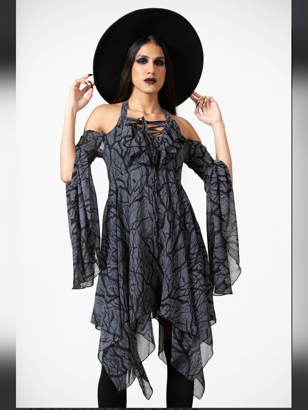 Killstar Gothic Lace-Up Asymmetrical Black & Gray Off-Shoulder Dress - Picture 2 of 8